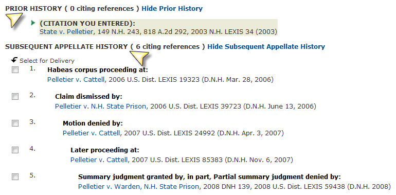 Lexis: Shepard's History, the same case at a different level of litigation